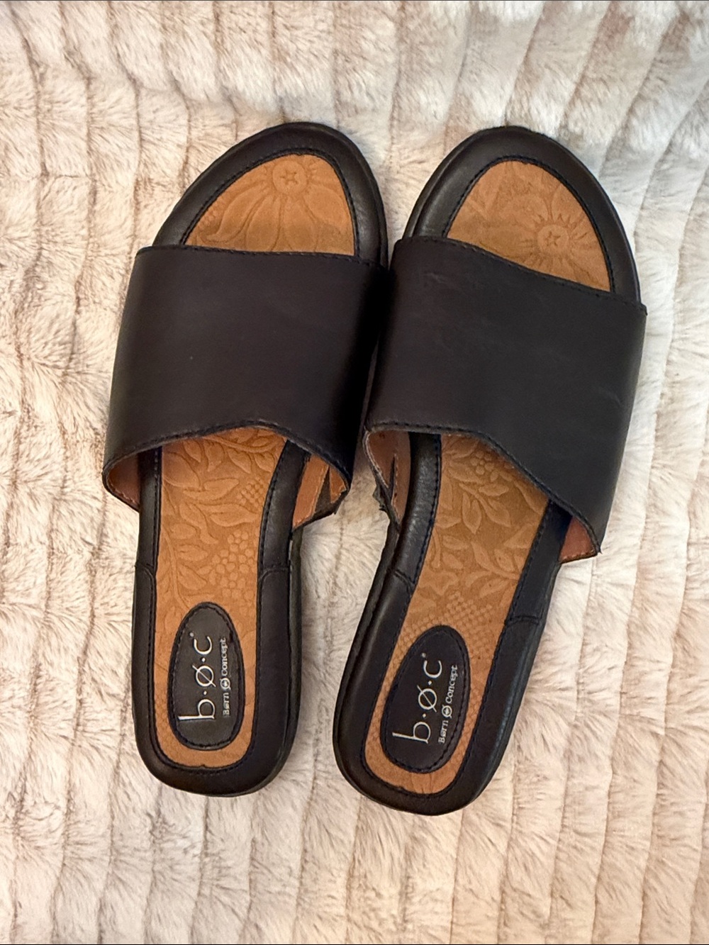 b.o.c. Black Leather Slide Mules with Floral Insole - Picture 2 of 4